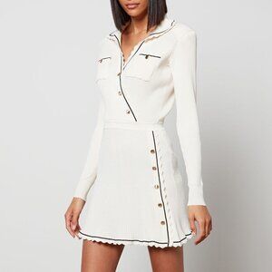 Self-Portrait Contrast Stitch Long Sleeve Ribbed Knit Mini Dress Ivory Size M